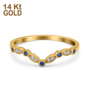 14K Yellow Gold Curved Marquise Half Eternity Stackable Ring Simulated Blue Sapphire CZ Size-7
